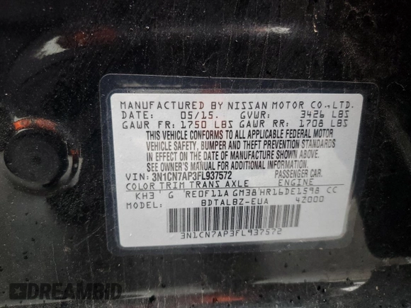 2015 Nissan Versa SV with VIN 3N1CN7AP3FL937572, listed as a Copart auction lot 48723205 with 207,784 mi miles and Salvage Title. Bid and sale history available at carsss.com. Image 14.