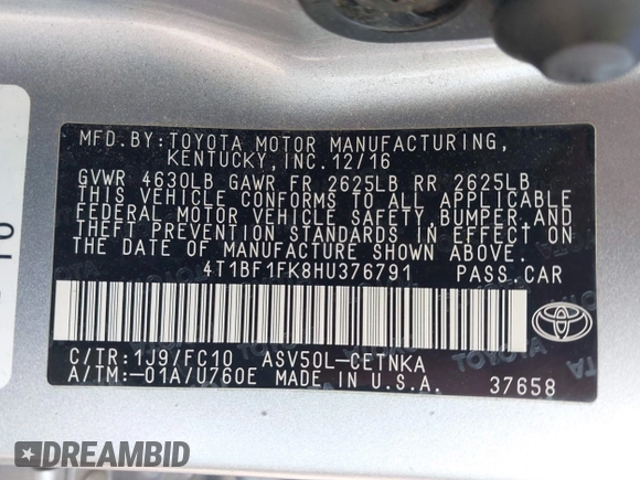 2017 Toyota Camry XLE z VIN 4T1BF1FK8HU376791, wystawiony jako IAAI lot #42114379 z przebiegiem 54 319 mil mil oraz . Historia ofert i sprzedaży dostępna na DreamBid. Obrazek 9.