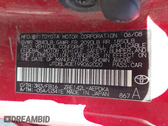 2009 Toyota Corolla with VIN JTDBL40E199062020, listed as a IAAI auction lot 42494590 with 275,569 mi miles and . Bid and sale history available at DreamBid. Image 9.