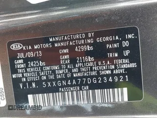 2013 Kia Optima EX with VIN 5XXGN4A77DG234921, listed as a IAAI auction lot 41823669 with 168,460 mi miles. Bid and sale history available at carsss.com. Image 9.