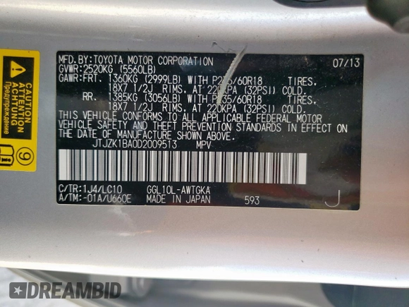 2013 Lexus RX 350 with VIN JTJZK1BA0D2009513, listed as a Copart auction lot 61829645 with 166,001 mi miles and Salvage title. Bid and sale history available at DreamBid. Image 13.