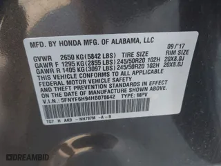 2017 Honda Pilot Touring with VIN 5FNYF6H94HB078642, listed as a IAAI auction lot 41621098 with 61,338 mi miles. Bid and sale history available at carsss.com. Image 9.