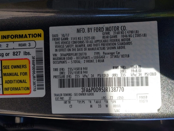 2018 Ford Fusion Titanium with VIN 3FA6P0D95JR138770, listed as a IAAI auction lot 41411388 with 107,540 mi miles. Bid and sale history available at carsss.com. Image 9.