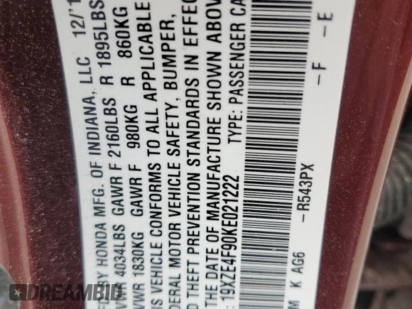 2019 Honda Insight Touring with VIN 19XZE4F90KE021222, listed as a Copart auction lot 52618265 with 98,851 mi miles and Salvage Title. Bid and sale history available at DreamBid. Image 14.
