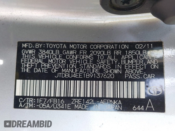2011 Toyota Corolla L with VIN JTDBU4EE1B9137620, listed as a IAAI auction lot 41791084 with 137,597 mi miles. Bid and sale history available at carsss.com. Image 9.