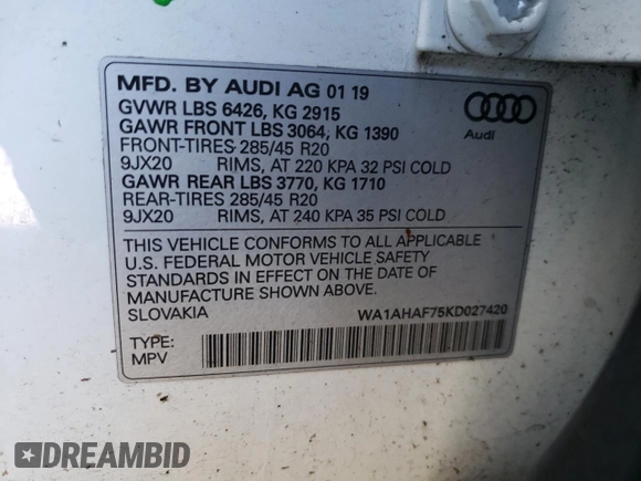 2019 Audi Q7 Premium with VIN WA1AHAF75KD027420, listed as a Copart auction lot 47352955 with 61,631 mi miles and Salvage title. Bid and sale history available at DreamBid. Image 13.