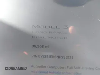 2022 Tesla Model 3 Long Range with VIN 5YJ3E1EB6NF233131, listed as a IAAI auction lot 41819409 with 38,308 mi miles and . Bid and sale history available at DreamBid. Image 7.