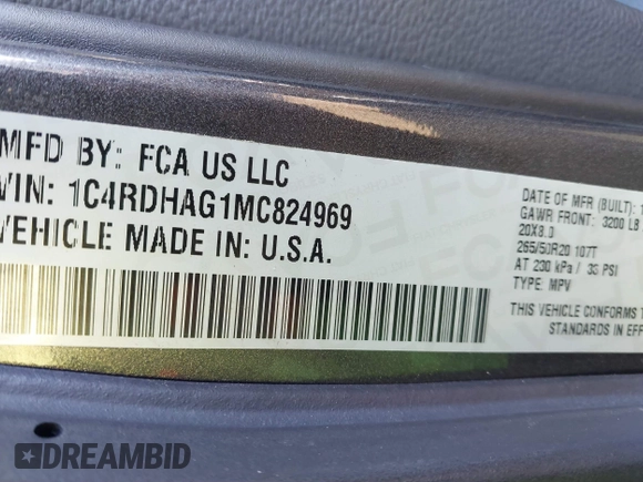 2021 Dodge Durango SXT with VIN 1C4RDHAG1MC824969, listed as a IAAI auction lot 41352831 with 91,188 mi miles and . Bid and sale history available at DreamBid. Image 9.