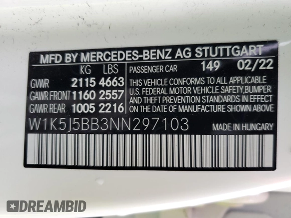 2022 Mercedes-Benz CLA 35 AMG with VIN W1K5J5BB3NN297103, listed as a Copart auction lot 47923634 with Not Provided miles and . Bid and sale history available at DreamBid. Image 13.