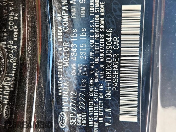 2013 Hyundai Genesis Coupe 2.0T with VIN KMHHT6KD5DU090446, listed as a Copart auction lot 61403395 with 81,331 mi miles and Salvage title. Bid and sale history available at DreamBid. Image 12.