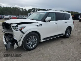 2021 Infiniti QX80 LUXE with VIN JN8AZ2AF8M9716157, listed as a Copart auction lot 43192625 with 73,838 mi miles and Salvage Title. Bid and sale history available at carsss.com. Image 1.