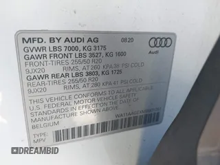 2021 Audi e-tron Sportback S line Premium with VIN WA11AAGEXMB001251, listed as a IAAI auction lot 41363257 with 57,350 mi miles. Bid and sale history available at carsss.com. Image 9.