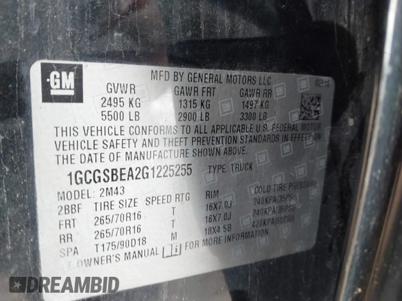 2016 Chevrolet Colorado 2WD WT with VIN 1GCGSBEA2G1225255, listed as a IAAI auction lot 41694399 with 171,754 mi miles and . Bid and sale history available at DreamBid. Image 9.