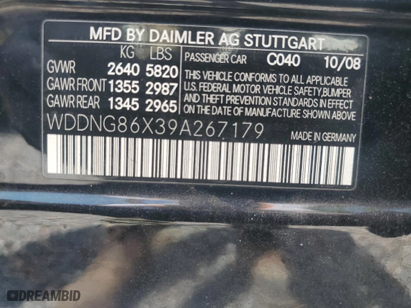 2009 Mercedes-Benz S-Class 5.5L V8 with VIN WDDNG86X39A267179, listed as a Copart auction lot 52216505 with 106,527 mi miles and Salvage Title. Bid and sale history available at carsss.com. Image 12.
