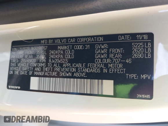 2019 Volvo XC60 Inscription с VIN LYV102DL9KB298767, выставлен на аукционе IAAI как лот 42491133 с пробегом 26 507 миль миль и . История ставок и продаж доступна на DreamBid. Изображение 9.