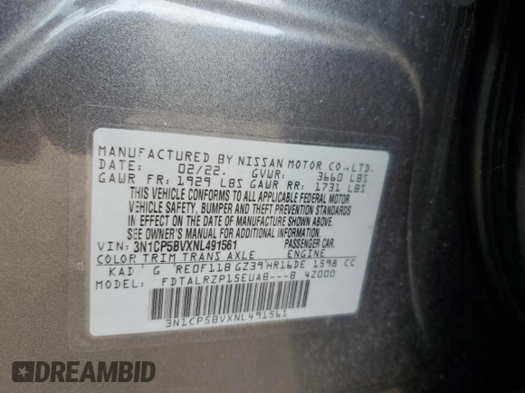 2022 Nissan Kicks S z VIN 3N1CP5BVXNL491561, wystawiony jako Copart lot #51327675 z przebiegiem 87 111 mil mil oraz Szkoda całkowita • Salvage title. Historia ofert i sprzedaży dostępna na DreamBid. Obrazek 14.