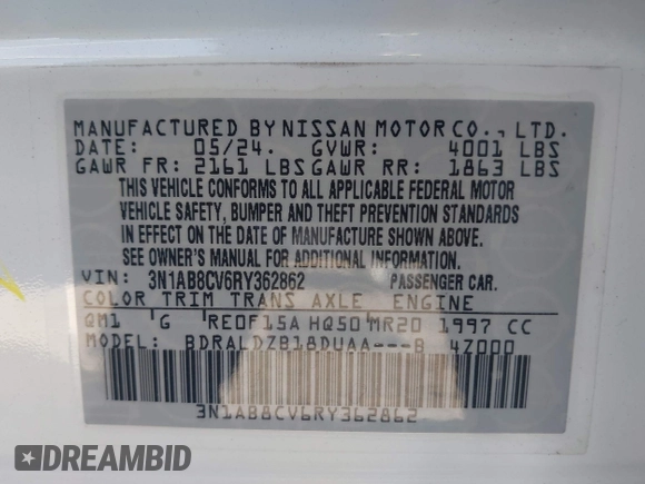 2024 Nissan Sentra SV with VIN 3N1AB8CV6RY362862, listed as a IAAI auction lot 41923401 with 12,332 mi miles and . Bid and sale history available at DreamBid. Image 9.