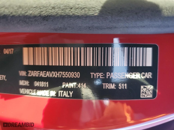 2017 Alfa Romeo Giulia Quadrifoglio with VIN ZARFAEAVXH7550930, listed as a Copart auction lot 76605394 with 26,833 mi miles and Salvage Title. Bid and sale history available at carsss.com. Image 13.