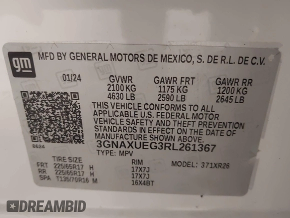 2024 Chevrolet Equinox LT with VIN 3GNAXUEG3RL261367, listed as a IAAI auction lot 42118262 with 16,535 mi miles and . Bid and sale history available at DreamBid. Image 9.