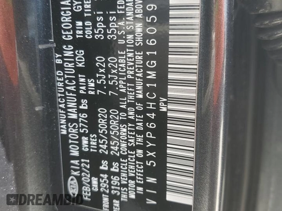 2021 Kia Telluride S with VIN 5XYP64HC1MG160598, listed as a Copart auction lot 54378735 with 128,252 mi miles and Salvage title. Bid and sale history available at DreamBid. Image 13.