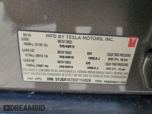 2016 Tesla Model S 90D with VIN 5YJSA1E20GF159926, listed as a Copart auction lot 46626625 with 104,247 mi miles and Salvage Title. Bid and sale history available at DreamBid. Image 12.