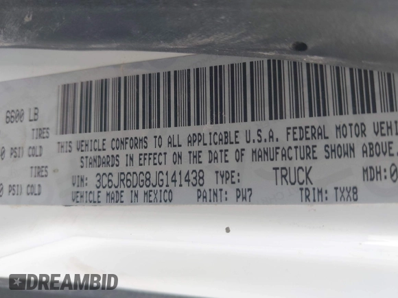 2018 Ram 1500 Tradesman with VIN 3C6JR6DG8JG141438, listed as a IAAI auction lot 42314130 with 124,618 mi miles and . Bid and sale history available at DreamBid. Image 9.