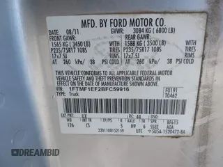 2011 Ford F-150 XL with VIN 1FTMF1EF2BFC59916, listed as a IAAI auction lot 41653525 with 118,632 mi miles and . Bid and sale history available at DreamBid. Image 9.