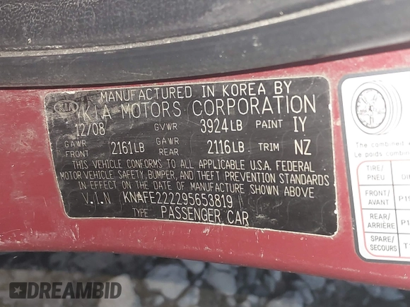 2009 Kia Spectra EX z VIN KNAFE222295653819, wystawiony jako IAAI lot #41489758 z przebiegiem Nie podano mil oraz . Historia ofert i sprzedaży dostępna na DreamBid. Obrazek 9.