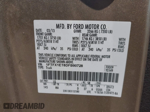 2013 Ford F-150 XL z VIN 1FTFX1ET8DFB90728, wystawiony jako IAAI lot #42474399 z przebiegiem 175 385 mil mil oraz . Historia ofert i sprzedaży dostępna na DreamBid. Obrazek 9.