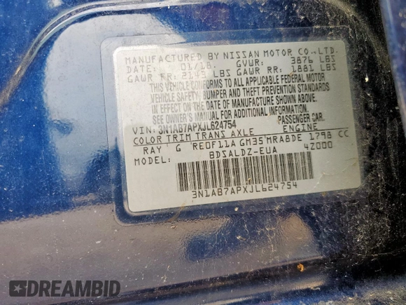 2018 Nissan Sentra SV с VIN 3N1AB7APXJL624754, выставлен на аукционе Copart как лот 60826985 с пробегом Не указан миль и Списание • Salvage title. История ставок и продаж доступна на DreamBid. Изображение 13.