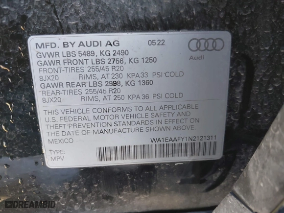 2022 Audi Q5 S line Premium Plus with VIN WA1EAAFY1N2121311, listed as a IAAI auction lot 41389178 with 45,326 mi miles. Bid and sale history available at carsss.com. Image 9.