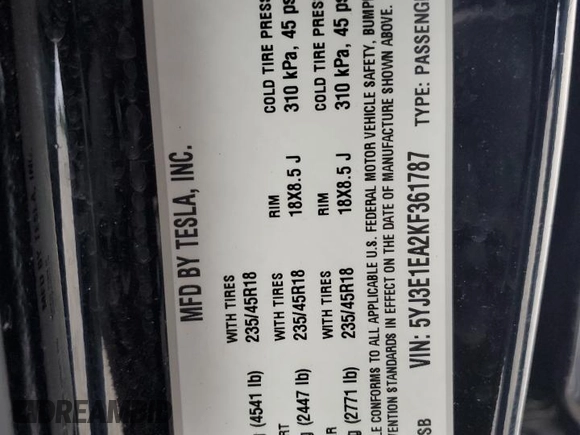2019 Tesla Model 3 Mid Range z VIN 5YJ3E1EA2KF361787, wystawiony jako Copart lot #56059465 z przebiegiem 50 186 mil mil oraz Szkody całkowita. Historia ofert i sprzedaży dostępna na DreamBid. Obrazek 12.