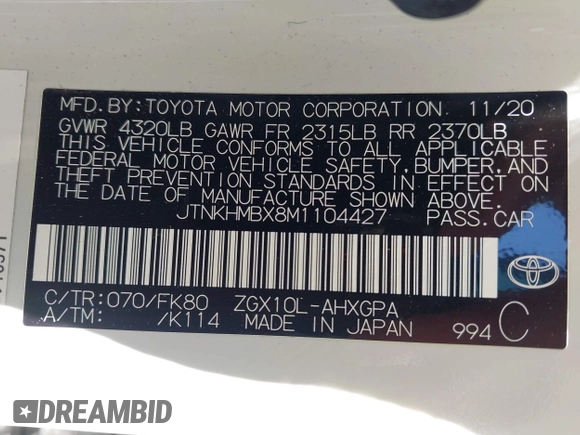 2021 Toyota C-HR LE with VIN JTNKHMBX8M1104427, listed as a IAAI auction lot 41948234 with 24,415 mi miles. Bid and sale history available at carsss.com. Image 9.