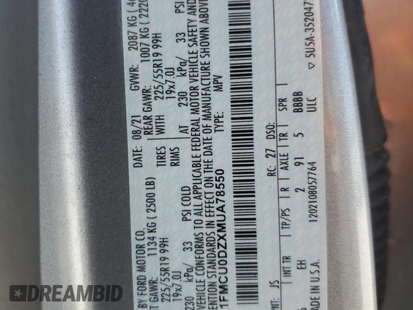 2021 Ford Escape Titanium Hybrid with VIN 1FMCU0DZXMUA78550, listed as a Copart auction lot 53389595 with 104,371 mi miles and Salvage title. Bid and sale history available at DreamBid. Image 13.