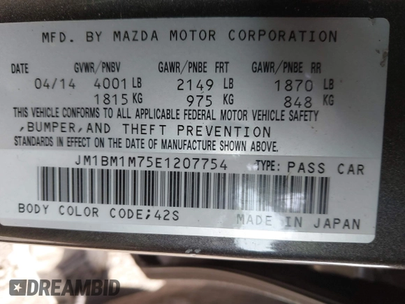 2014 Mazda 3 i Grand Touring with VIN JM1BM1M75E1207754, listed as a IAAI auction lot 41698583 with 128,887 mi miles and . Bid and sale history available at DreamBid. Image 9.