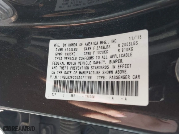 2016 Honda Accord Sedan LX with VIN 1HGCR2F33GA071196, listed as a IAAI auction lot 41520333 with 138,887 mi miles. Bid and sale history available at carsss.com. Image 9.