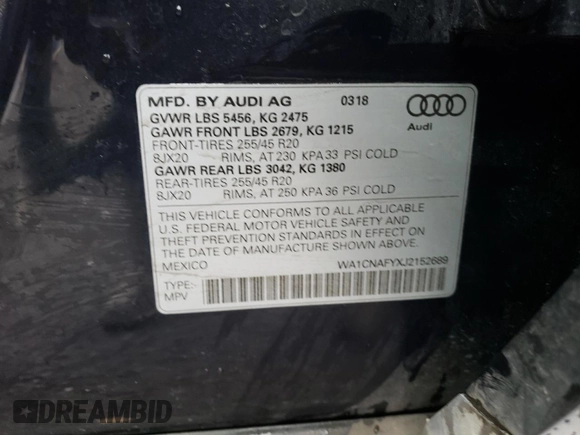 2018 Audi Q5 Prestige with VIN WA1CNAFYXJ2152689, listed as a Copart auction lot 55148625 with 49,501 mi miles and Salvage title. Bid and sale history available at DreamBid. Image 13.