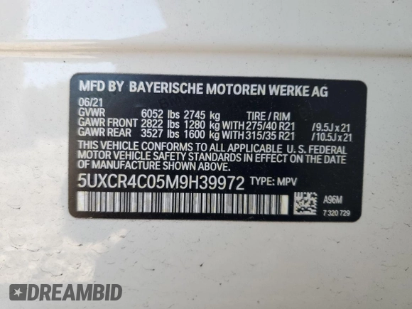 2021 BMW X5 sDrive40i with VIN 5UXCR4C05M9H39972, listed as a Copart auction lot 50839725 with 63,970 mi miles and Salvage Title. Bid and sale history available at carsss.com. Image 15.