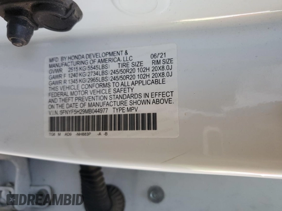 2021 Honda Pilot Special Edition with VIN 5FNYF5H29MB044977, listed as a Copart auction lot 59987795 with 68,561 mi miles and Salvage title. Bid and sale history available at DreamBid. Image 13.