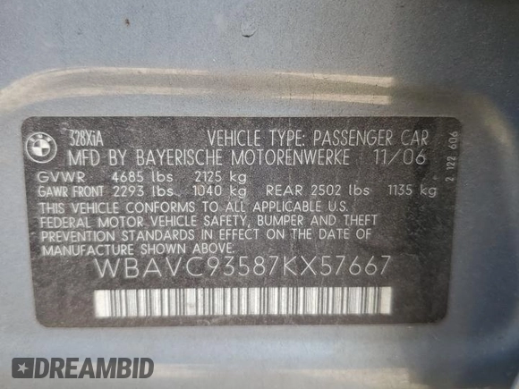 2007 BMW 3 Series 328xi with VIN WBAVC93587KX57667, listed as a Copart auction lot 45929745 with 129,137 mi miles and Salvage title. Bid and sale history available at DreamBid. Image 14.