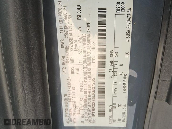 2020 Ford Transit Cargo with VIN 1FTBR3X85LKB27265, listed as a Copart auction lot 78698074 with 69,728 mi miles and Clean Title. Bid and sale history available at DreamBid. Image 12.
