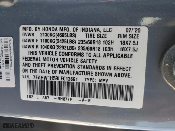 2020 Honda CR-V EX with VIN 7FARW1H59LE013691, listed as a Copart auction lot 46988935 with 41,271 mi miles and Salvage Title. Bid and sale history available at carsss.com. Image 16.