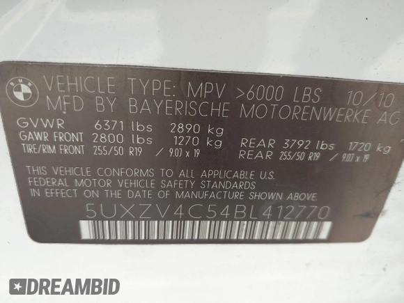 2011 BMW X5 35i with VIN 5UXZV4C54BL412770, listed as a IAAI auction lot 41618946 with 148,612 mi miles. Bid and sale history available at carsss.com. Image 9.