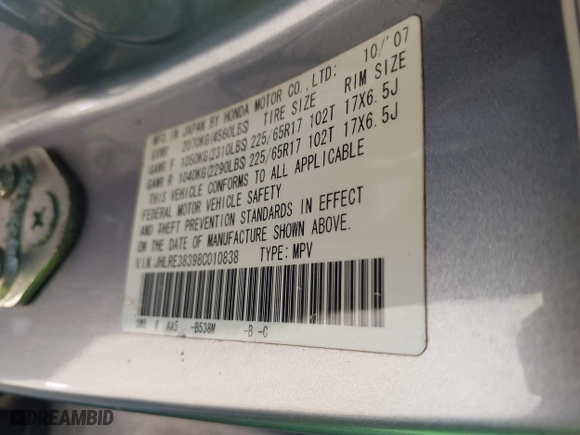 2008 Honda CR-V LX with VIN JHLRE38398C010838, listed as a IAAI auction lot 42088689 with 154,590 mi miles. Bid and sale history available at carsss.com. Image 9.
