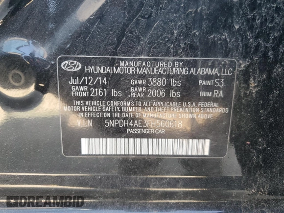 2015 Hyundai Elantra SE with VIN 5NPDH4AE3FH560618, listed as a Copart auction lot 56199255 with 43,760 mi miles and Salvage title. Bid and sale history available at DreamBid. Image 12.