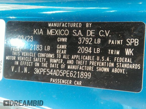 2023 Kia Forte GT-Line with VIN 3KPF54AD5PE621899, listed as a IAAI auction lot 41989865 with 54,253 mi miles. Bid and sale history available at carsss.com. Image 9.
