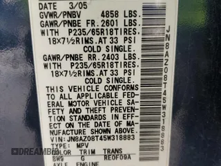 2005 Nissan Murano SL z VIN JN8AZ08T45W318883, wystawiony jako Copart lot #56180225 z przebiegiem 165 436 mil mil oraz Szkoda całkowita • Salvage title. Historia ofert i sprzedaży dostępna na DreamBid. Obrazek 14.