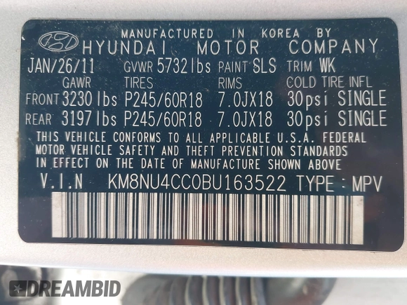 2011 Hyundai Veracruz Limited z VIN KM8NU4CC0BU163522, wystawiony jako IAAI lot #42512719 z przebiegiem 319 791 mil mil oraz . Historia ofert i sprzedaży dostępna na DreamBid. Obrazek 9.