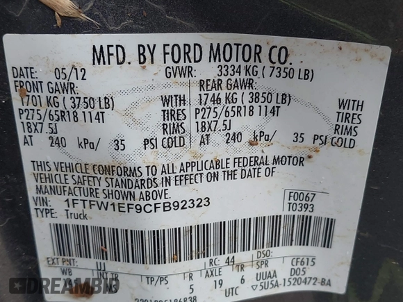 2012 Ford F-150 XL with VIN 1FTFW1EF9CFB92323, listed as a IAAI auction lot 42312910 with Not provided miles and . Bid and sale history available at DreamBid. Image 9.