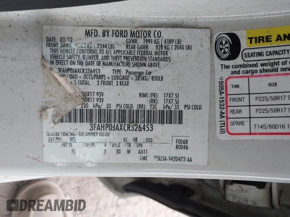 2012 Ford Fusion SEL с VIN 3FAHP0JAXCR326453, выставлен на аукционе IAAI как лот 42306828 с пробегом 182 880 миль миль и . История ставок и продаж доступна на DreamBid. Изображение 9.